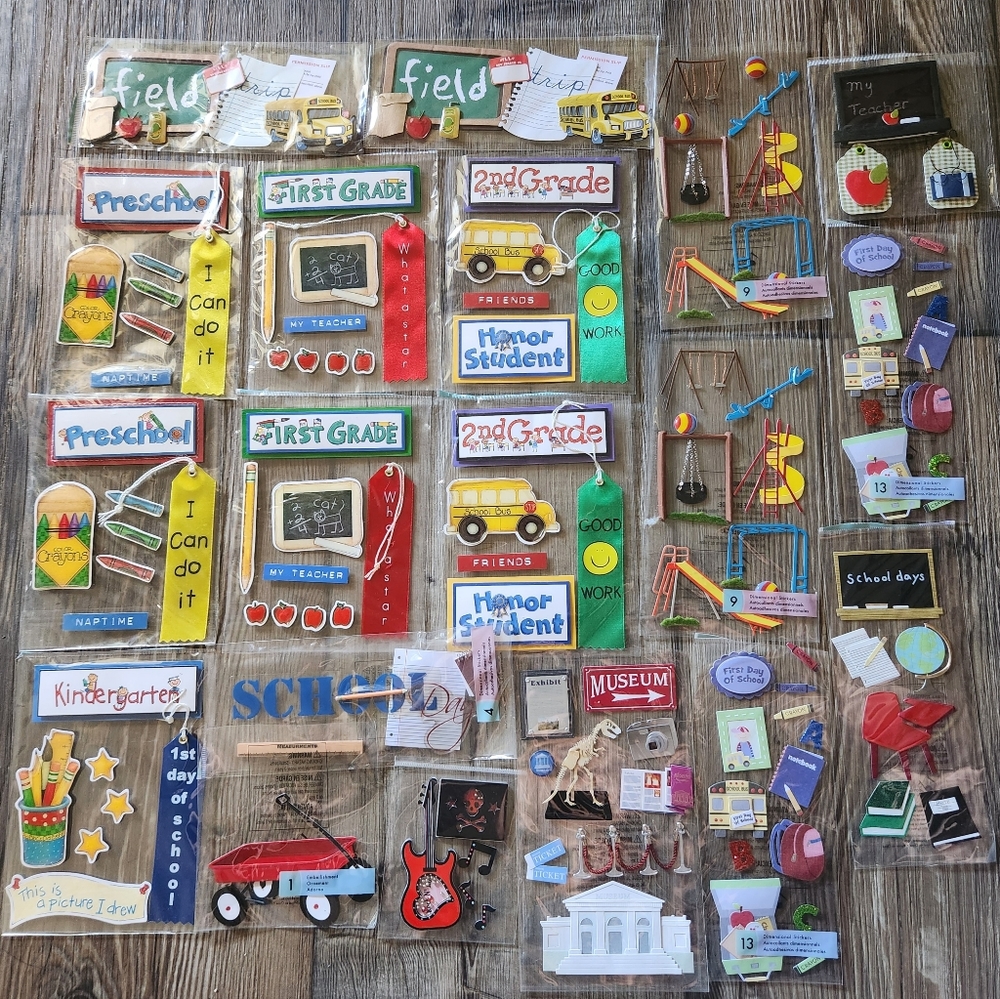 Lot of 54 scrapbook embellishments- 3-D. School, christmas, baby milestones, etc